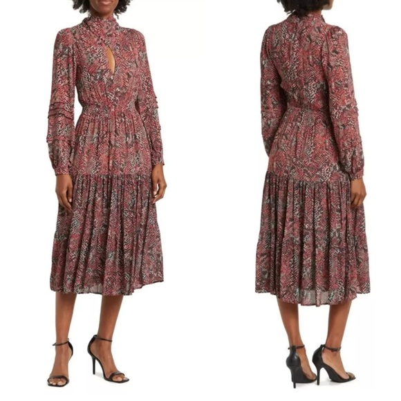 NICHOLAS Dresses & Skirts - NICHOLAS Eleanor Cross Neck Keyhole Gathered Printed Midi Dress SZ 10 NEW *FLAW